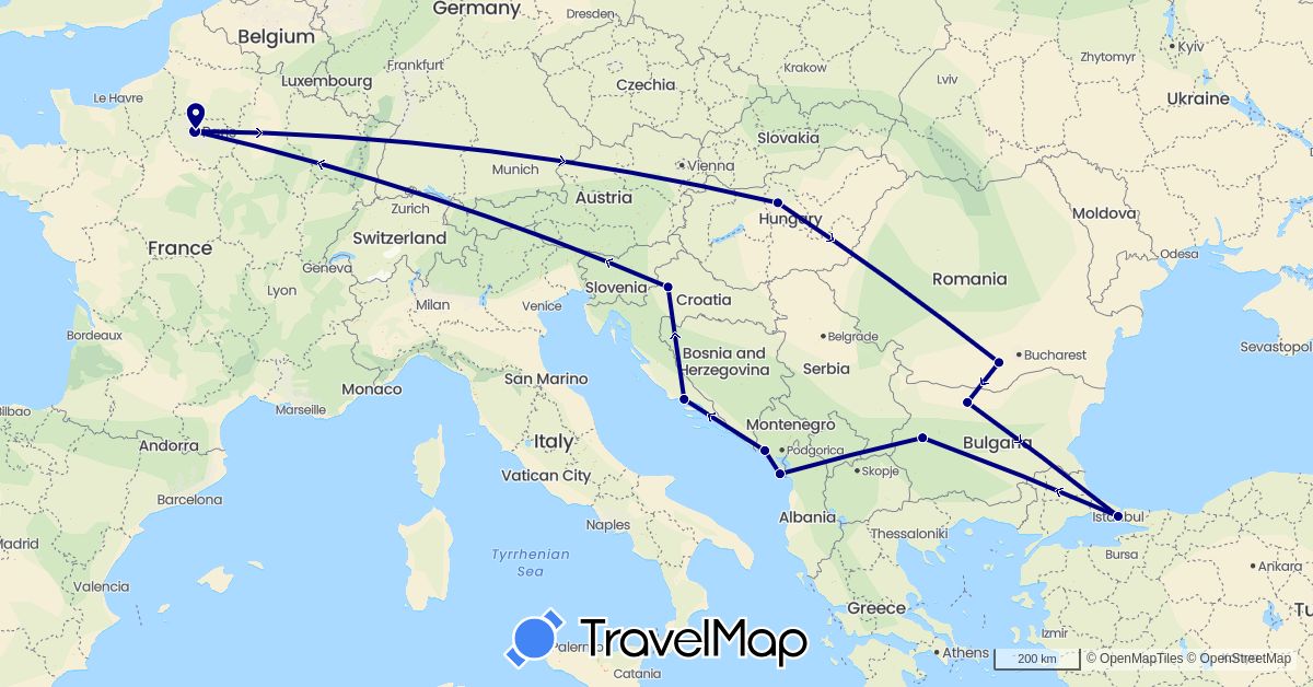 TravelMap itinerary: driving in Bulgaria, France, Croatia, Hungary, Montenegro, Romania, Turkey (Asia, Europe)