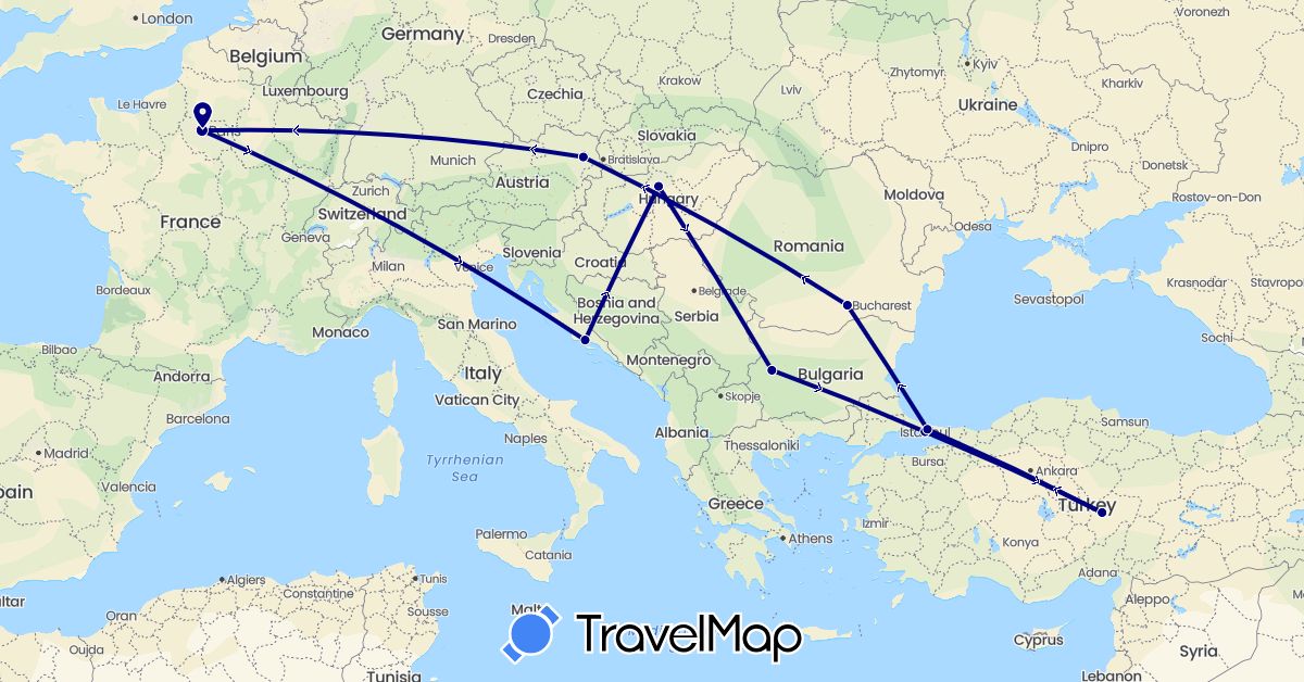 TravelMap itinerary: driving in Austria, Bulgaria, France, Croatia, Hungary, Romania, Turkey (Asia, Europe)